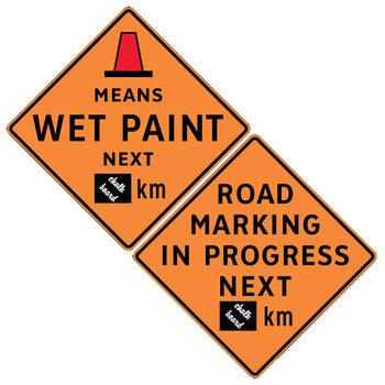 pylon means wet paint next ( chalkboard ) km / road marking in progress next ( chalkboard ) km - double sided sign