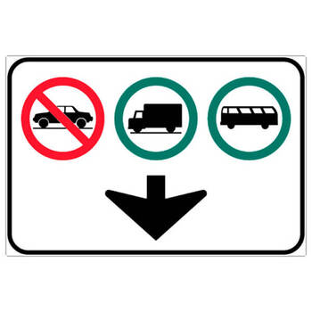 no cars, trucks and buses permitted with down arrow