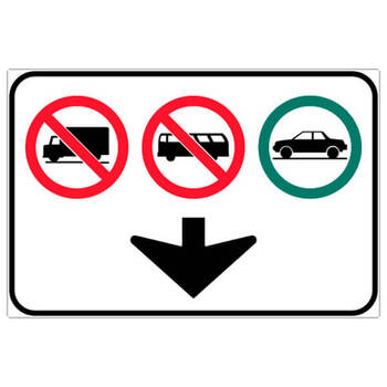 no trucks, no buses, cars permitted with down arrow