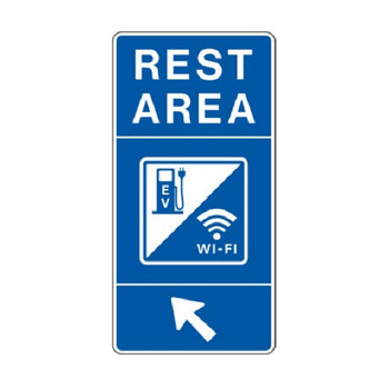 Rest Area, EV / Wi-Fi Symbol, Left 45° Arrow