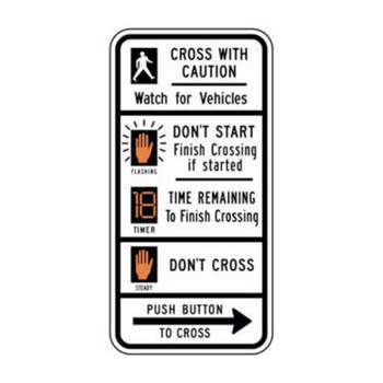 signal push button to cross - cross with caution - don't start - time remaining - don't cross - right arrow