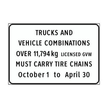 commercial and heavy trucks over 11,794 kg must carry chains, effective oct 1 through april 30