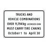 commercial and heavy trucks over 11,794 kg must carry chains, effective oct 1 through april 30